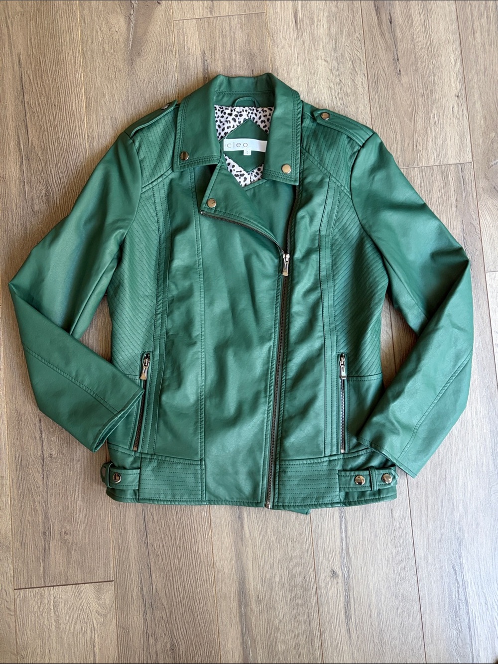Cleo Forest Green Faux Leather Moto Jacket